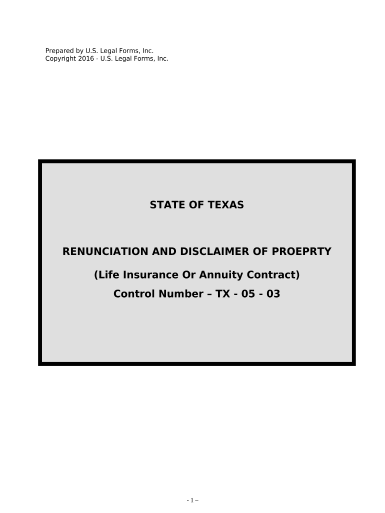 Renunciation and Disclaimer of Property from Life Insurance or Annuity Contract Texas  Form