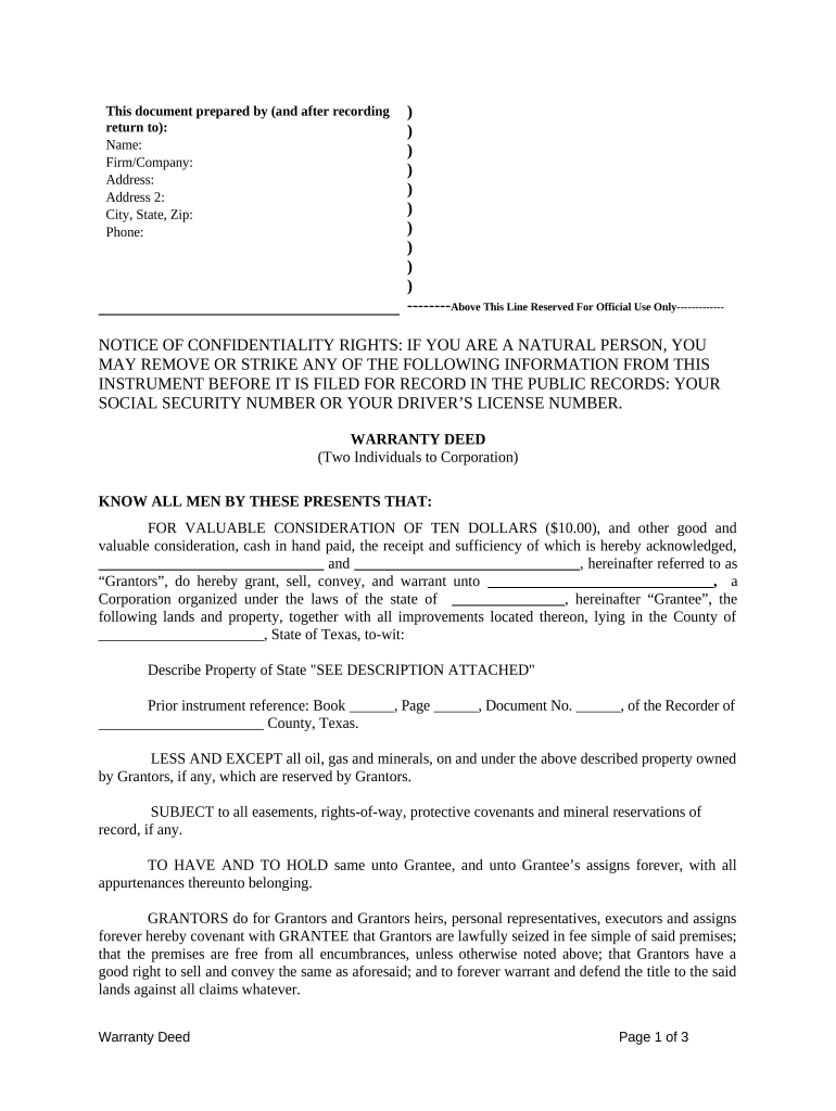 Warranty Deed from Two Individuals to Corporation Texas  Form