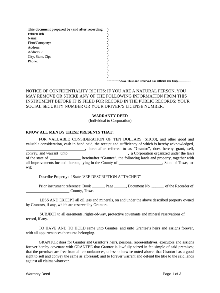 Warranty Deed from Individual to Corporation Texas  Form