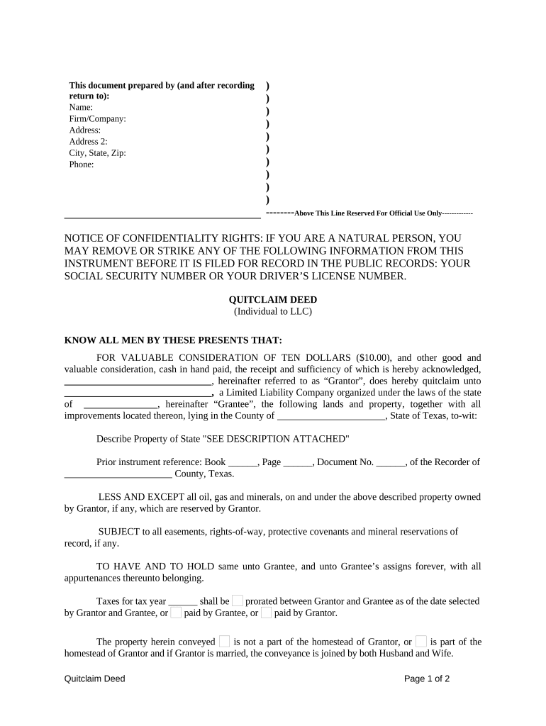 Quitclaim Deed from Individual to LLC Texas  Form