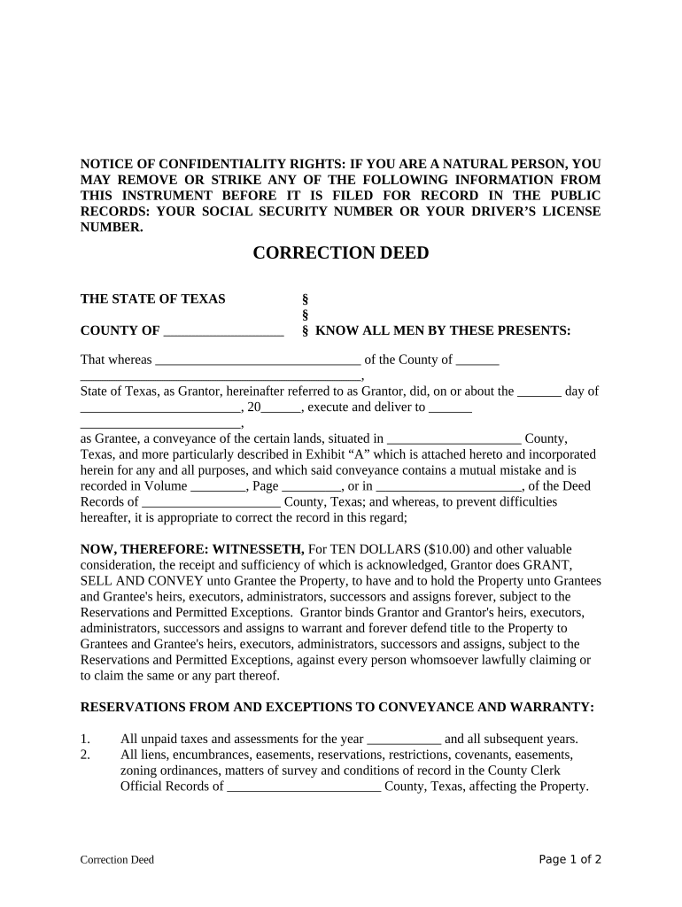 Fill and Sign the Texas Correction Deed Form