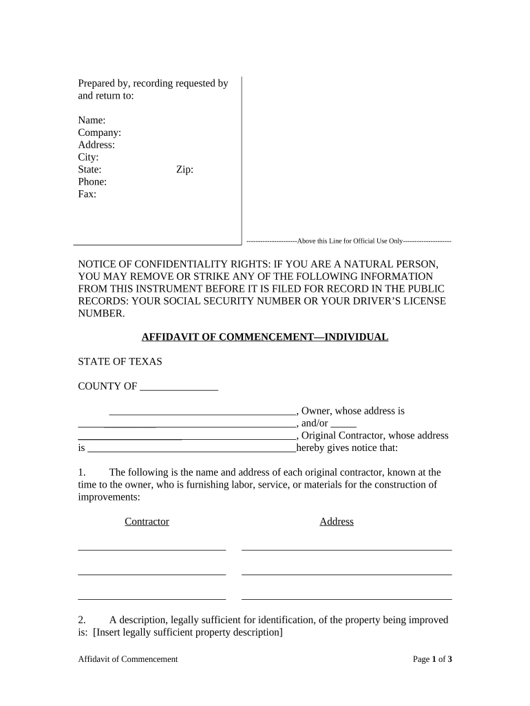 Affidavit Commencement Texas  Form