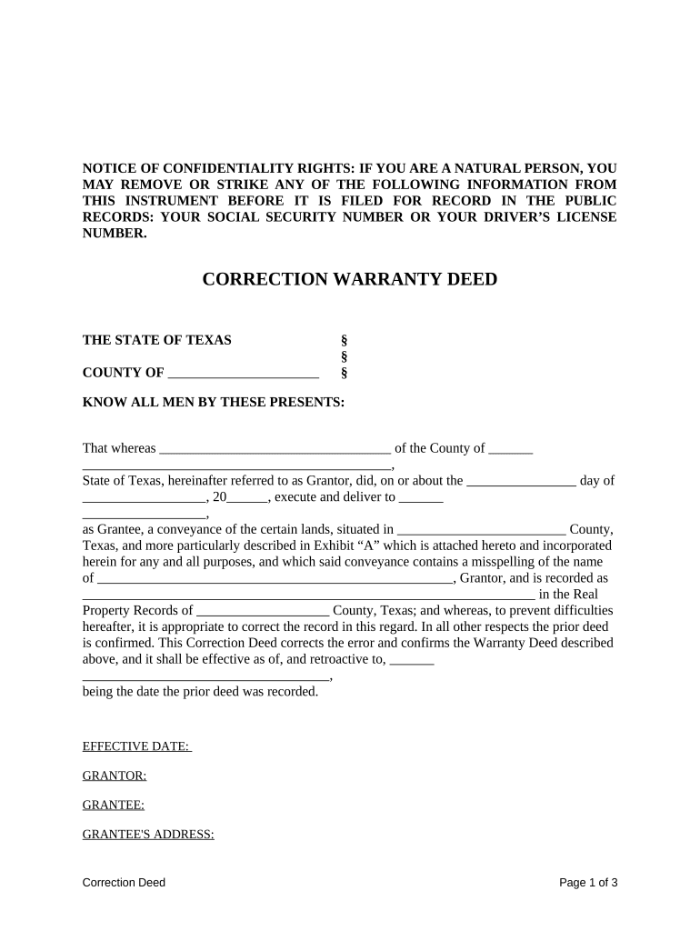 Correction Warranty Deed Texas  Form