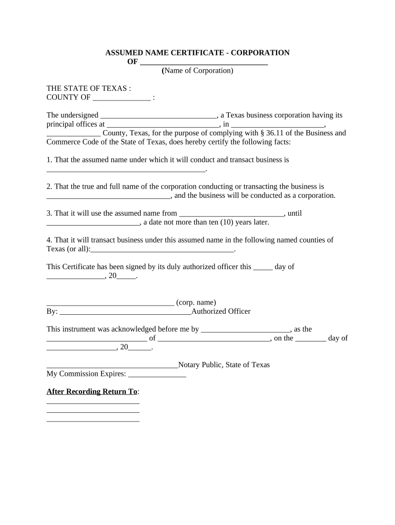 Assumed Name Certificate Texas  Form