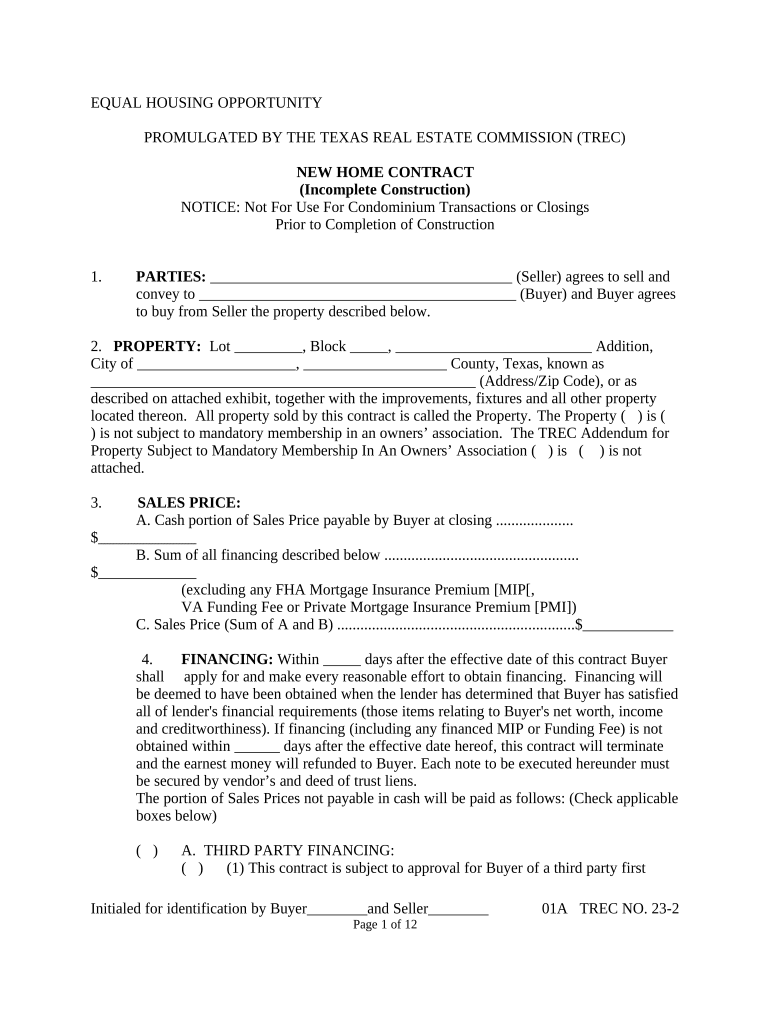 Texas Incomplete Construction  Form