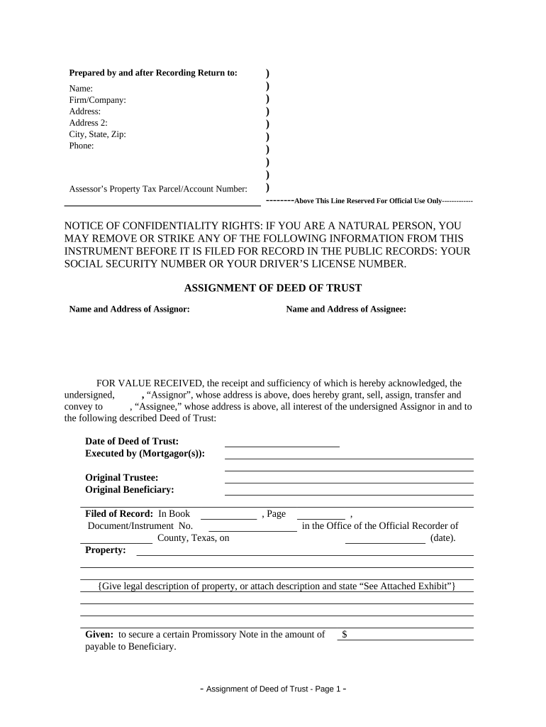 Assignment of Deed of Trust by Individual Mortgage Holder Texas  Form