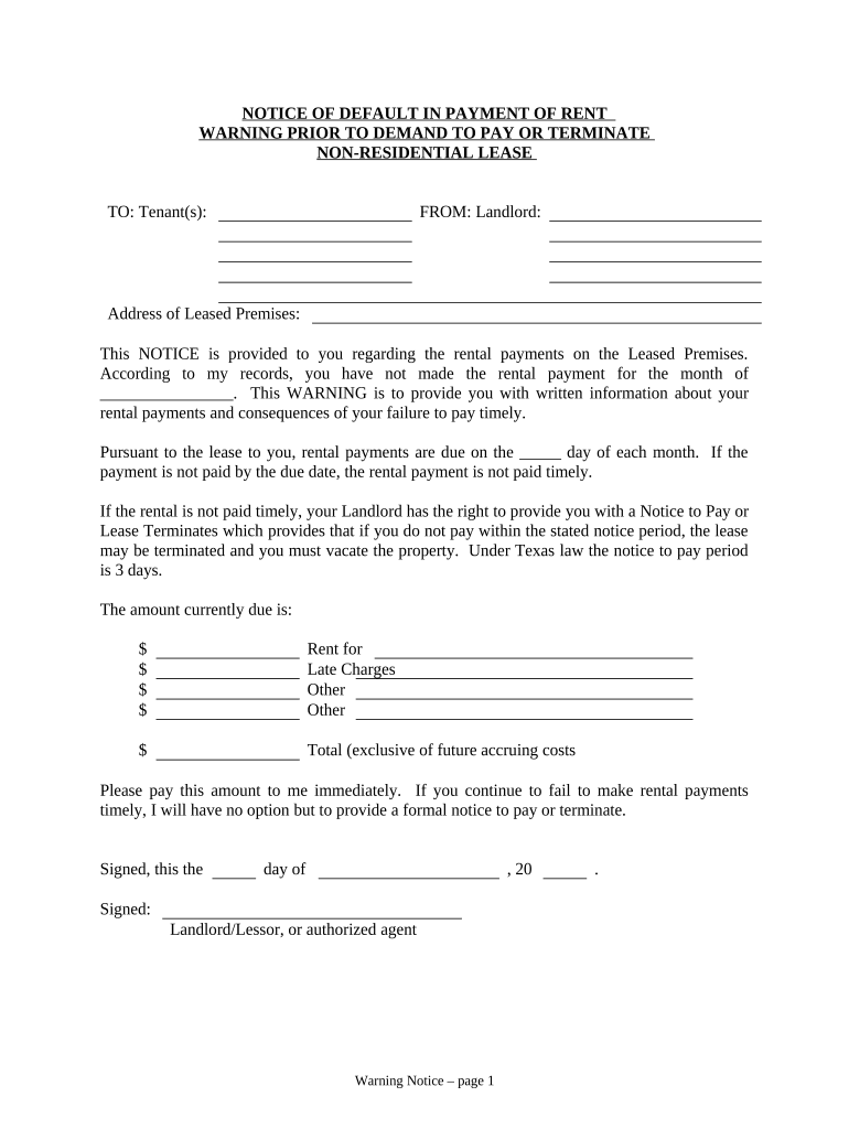 Notice of Default in Payment of Rent as Warning Prior to Demand to Pay or Terminate for Nonresidential or Commercial Property Te  Form