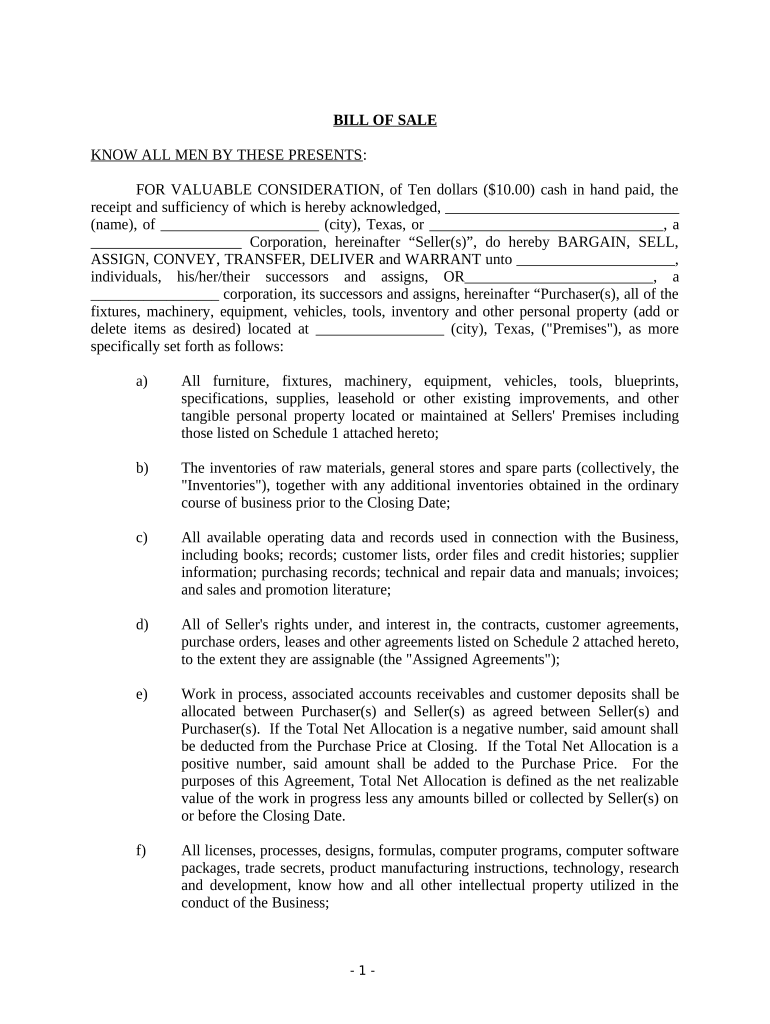 Bill of Sale in Connection with Sale of Business by Individual or Corporate Seller Texas  Form