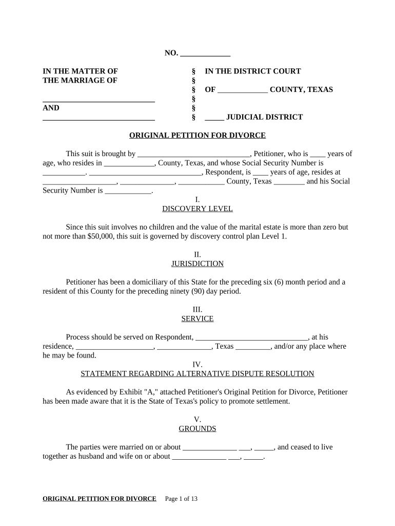 Texas Original Petition Divorce  Form