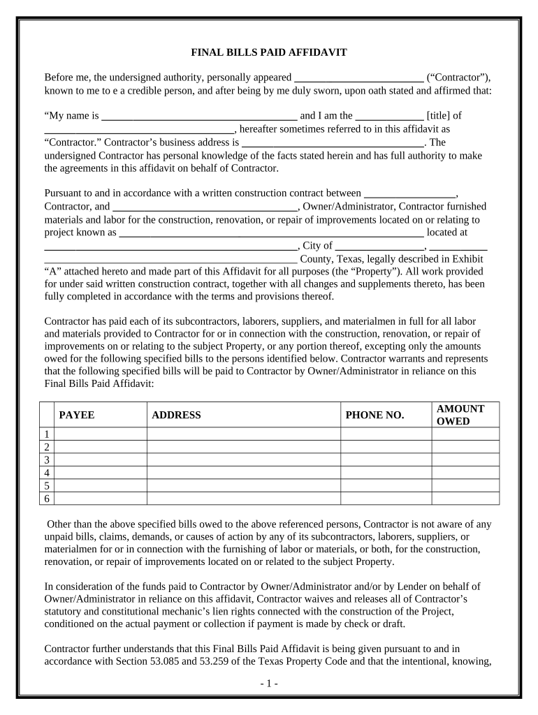 Bills Affidavit  Form