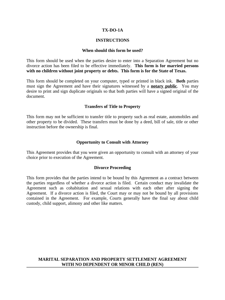 Marital Domestic Separation and Property Settlement Agreement for Persons with No Children, No Joint Property, or Debts Effectiv  Form