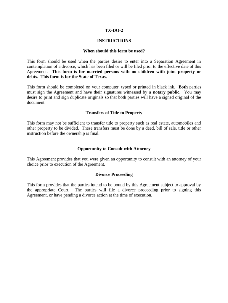 Marital Domestic Separation and Property Settlement Agreement No Children Parties May Have Joint Property or Debts Where Divorce  Form