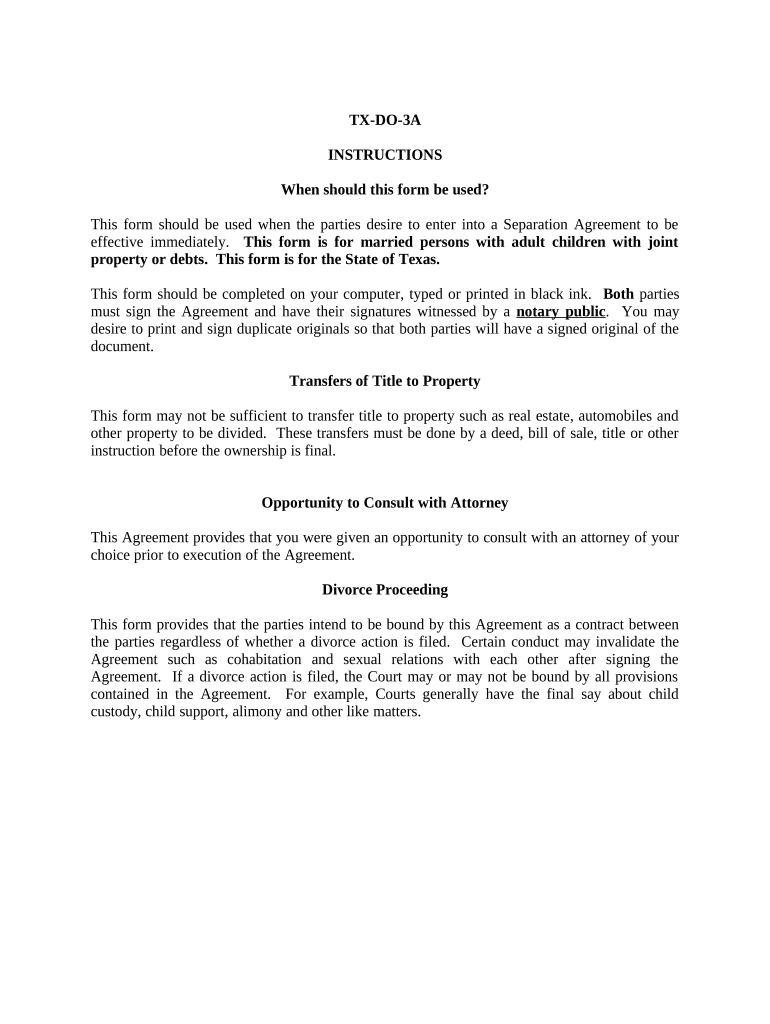 Marital Domestic Separation and Property Settlement Agreement Adult Children Parties May Have Joint Property or Debts Effective   Form