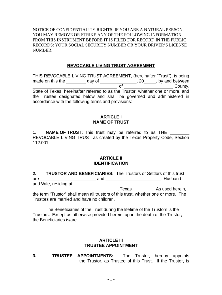 Living Trust for Husband and Wife with No Children Texas  Form