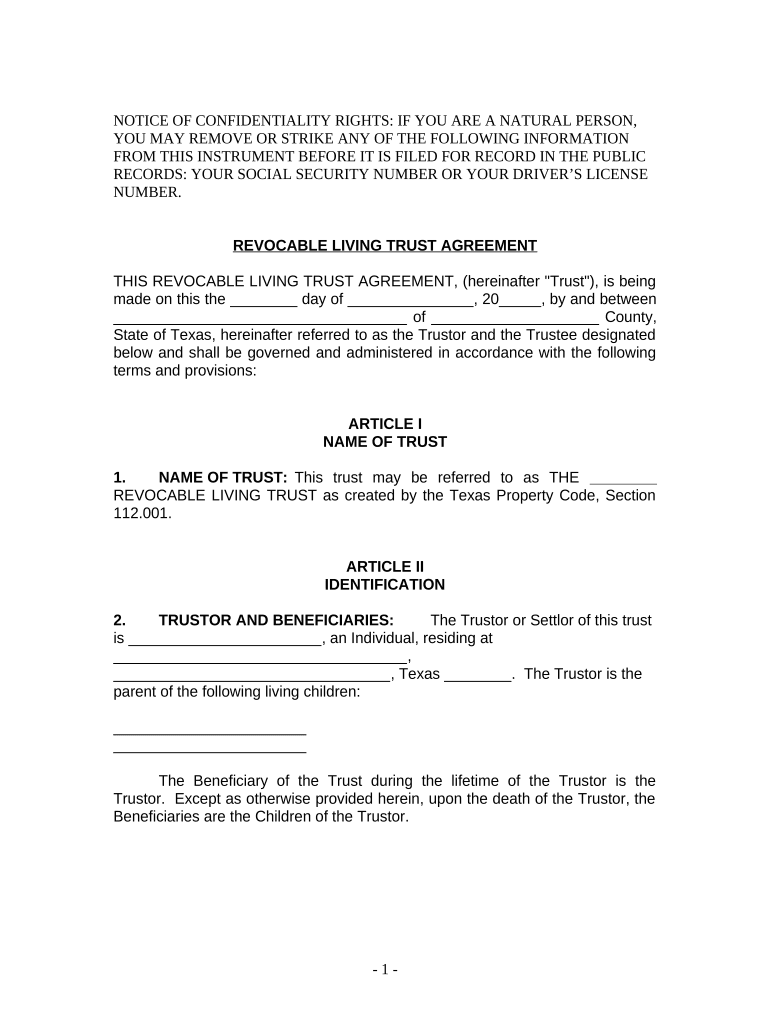 Living Trust for Individual Who is Single, Divorced or Widow or Widower with Children Texas  Form