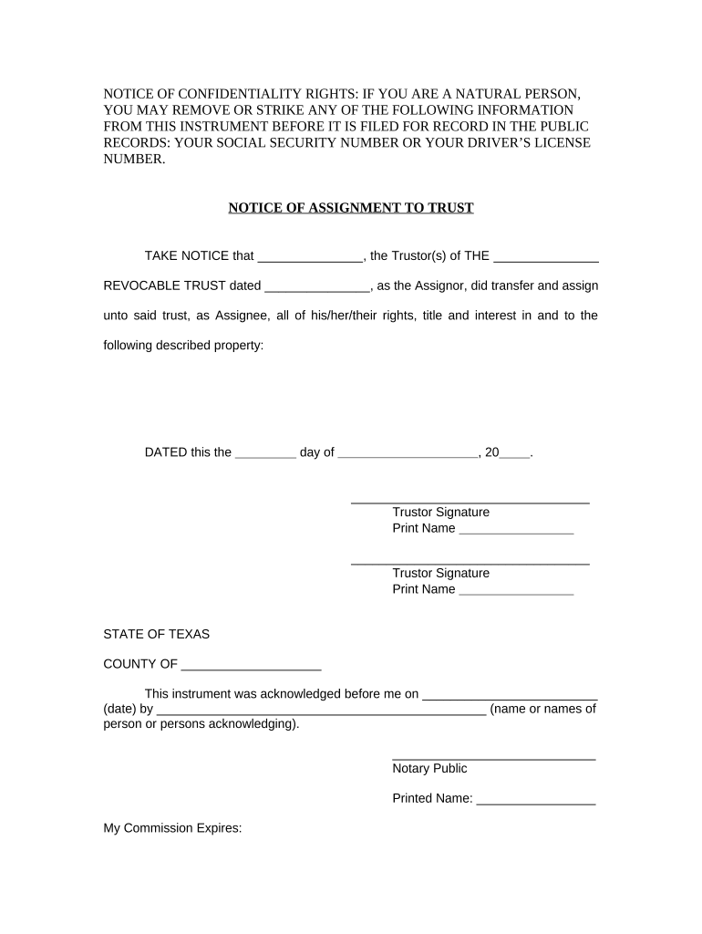 Notice of Assignment to Living Trust Texas  Form