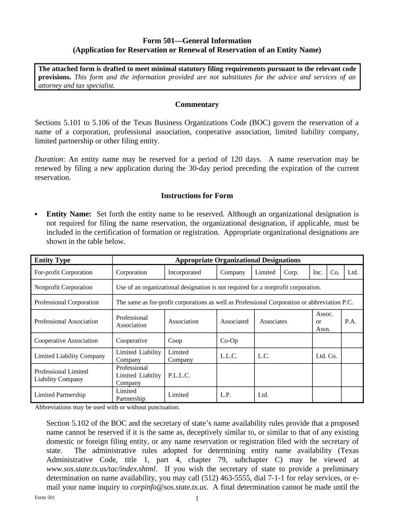 Texas Name Reservation Application  Form