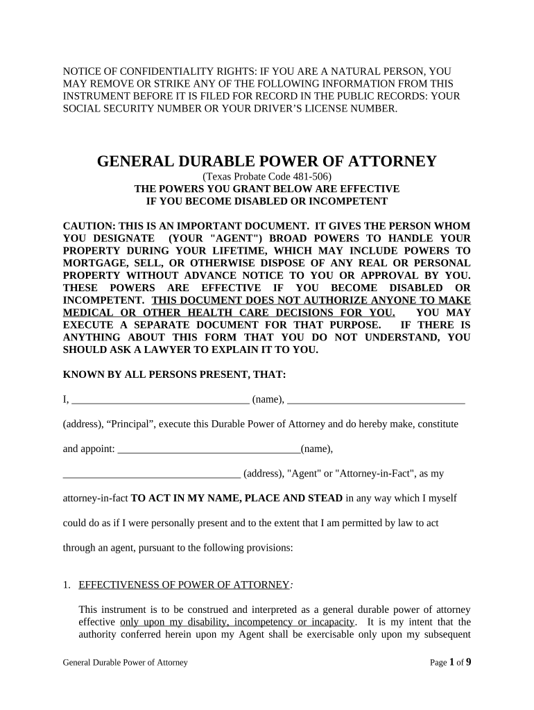 General Durable Power of Attorney for Property and Finances or Financial Effective Upon Disability Texas  Form