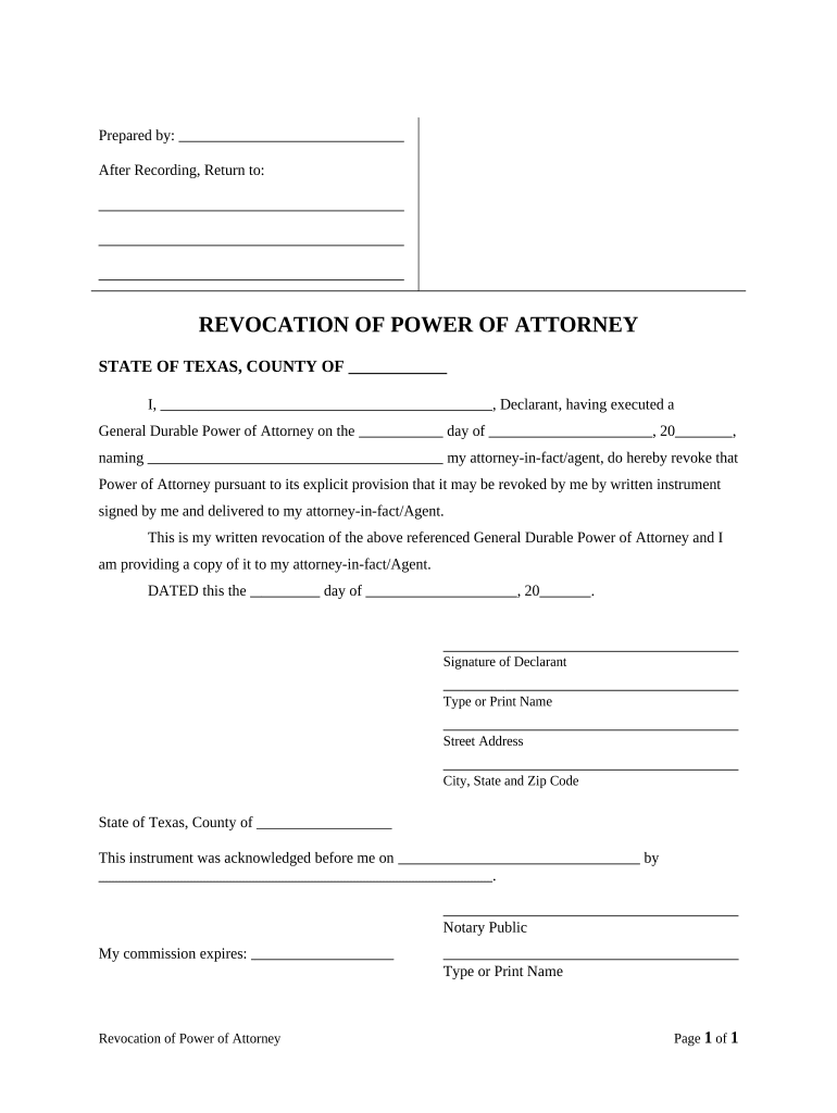 Revocation of General Durable Power of Attorney Texas  Form