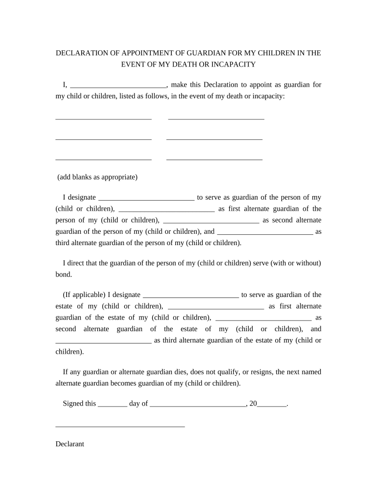 Statutory Declaration of Appointment of Guardian for My Child in the Event of My Death or Incapacity Texas  Form