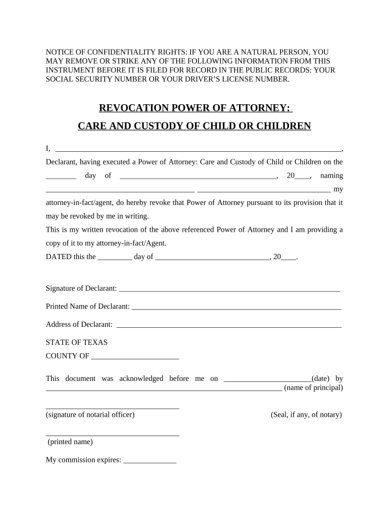 Revocation of Power of Attorney for Care of Child or Children Texas  Form