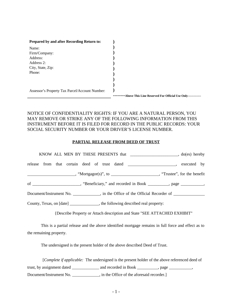 Fill and Sign the Partial Release of Property from Deed of Trust for Individual Texas Form