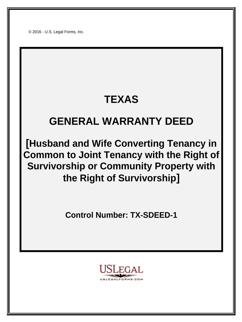 Warranty Deed for Husband and Wife Converting Property from Tenants in Common to Joint Tenancy Texas  Form