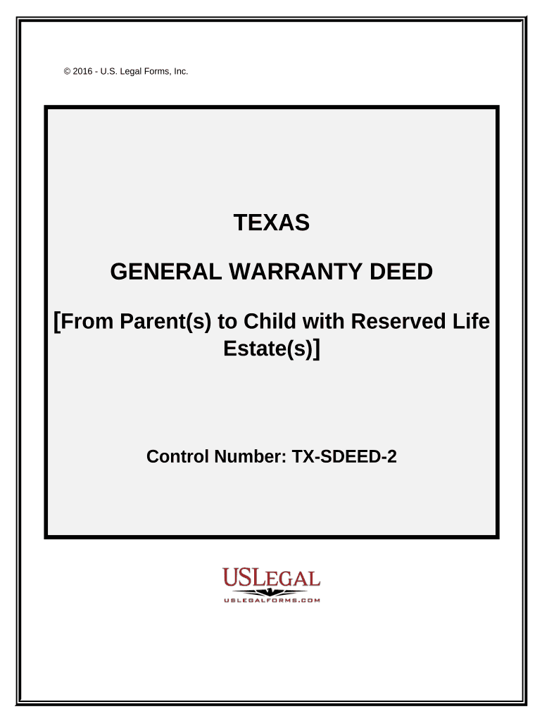 Warranty Deed for Parents to Child with Reservation of Life Estate Texas  Form