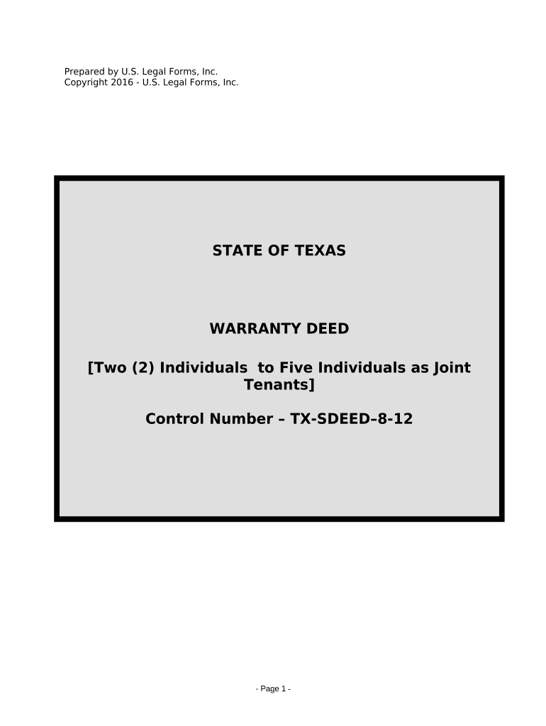 Warranty Deed for Two 2 Individuals to Five Individuals as Joint Tenants Texas  Form