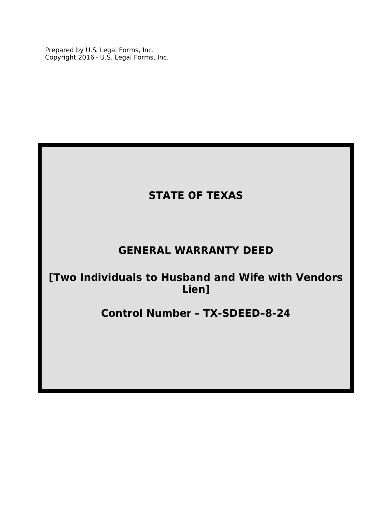 General Warranty Deed for Two Individuals to Husband and Wife with Vendor's Lien Texas  Form