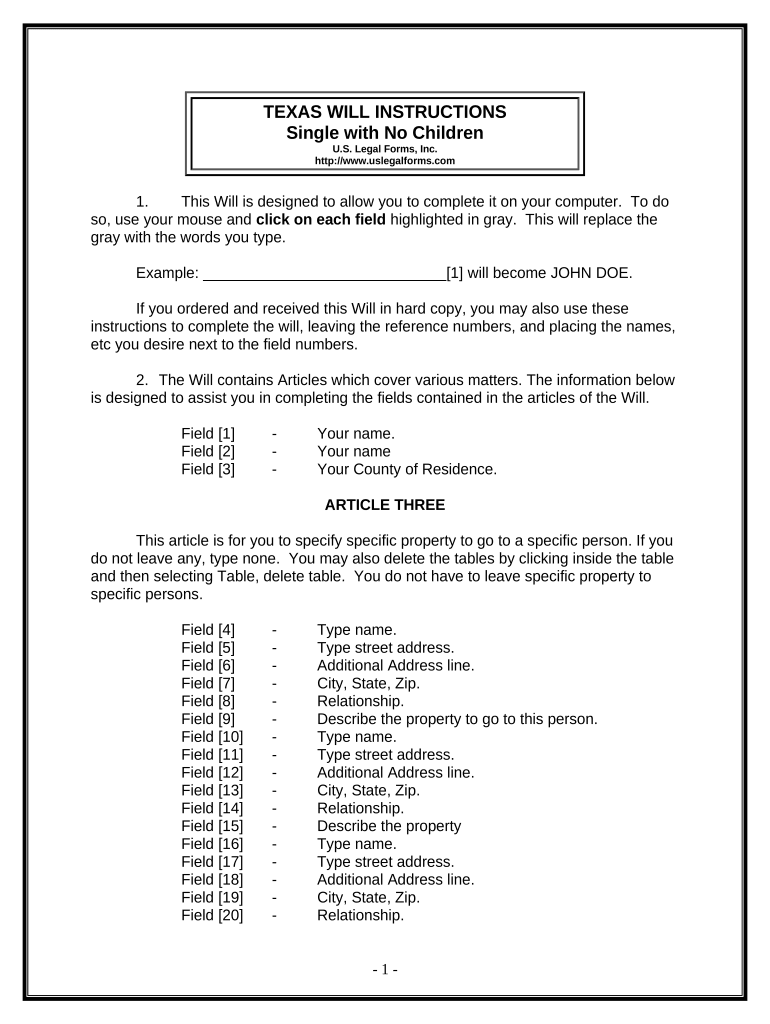 Legal Last Will and Testament Form for Single Person with No Children Texas