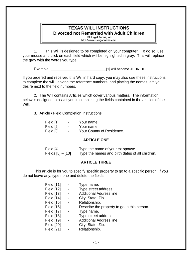 Legal Last Will and Testament Form for Divorced Person Not Remarried with Adult Children Texas