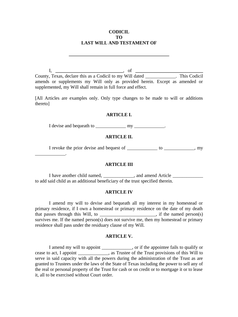 Texas Codicil  Form