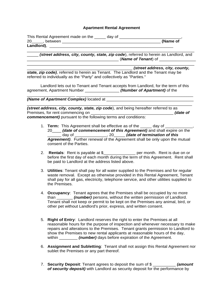 Apartment Rental Agreement  Form