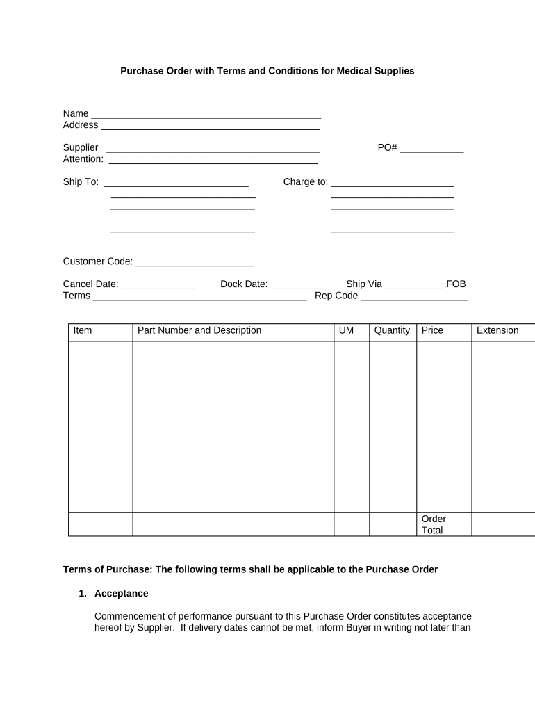 Purchase Order with Terms and Conditions for Medical Supplies  Form