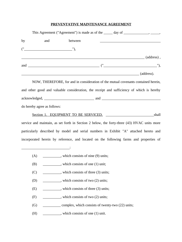 Preventative Maintenance Agreement Air Conditioning Equipment  Form