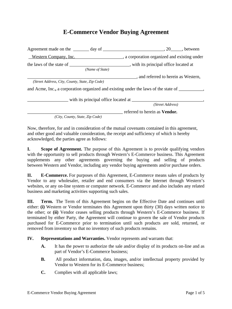 E Commerce Vendor Agreement PDF  Form