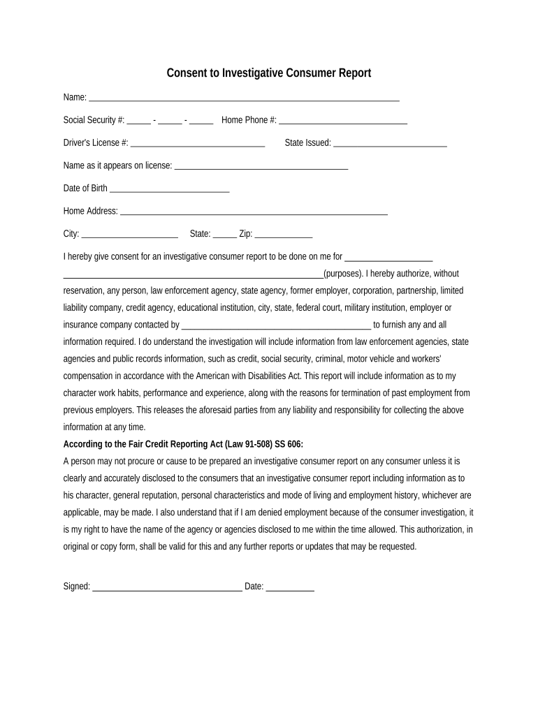 Investigative Consumer Report  Form