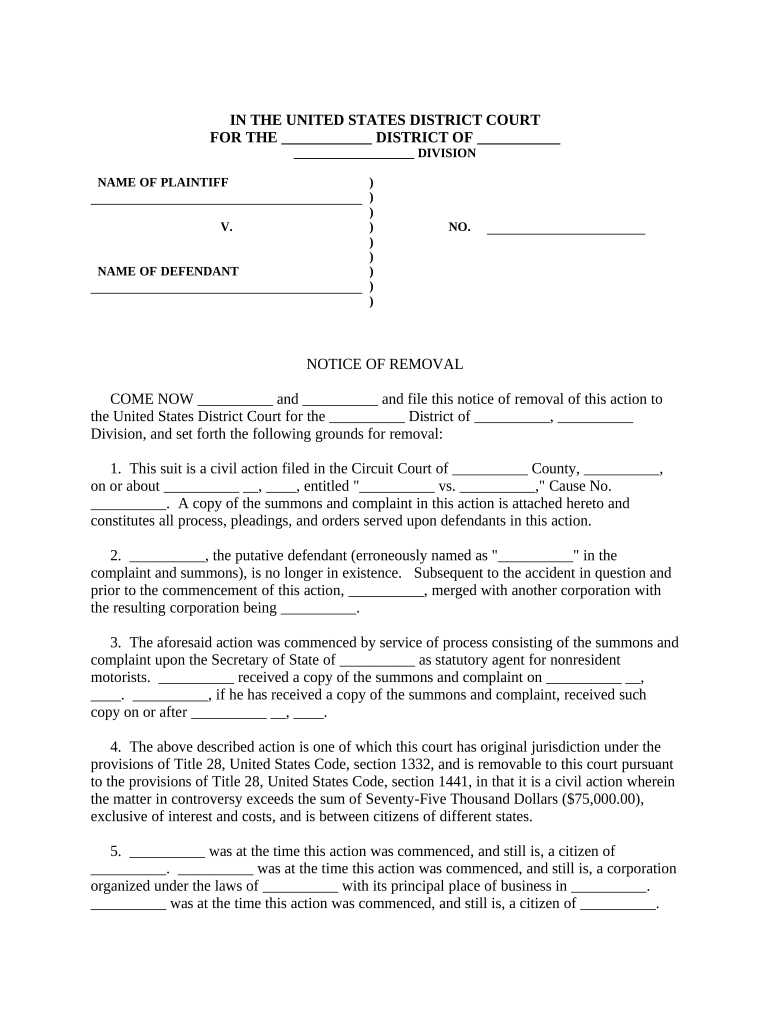 Notice Removal Federal Court  Form