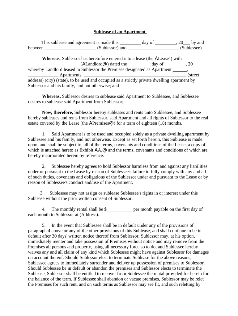 Sublease of an Apartment Real Estate Rental  Form