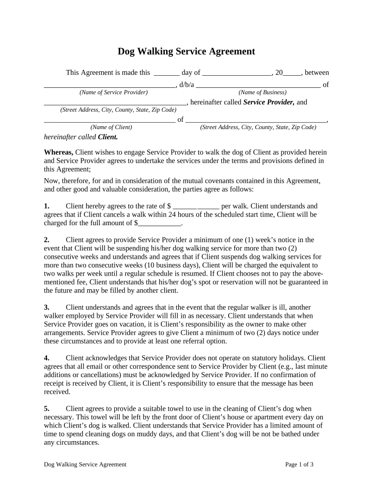 Dog Walking Service Agreement  Form