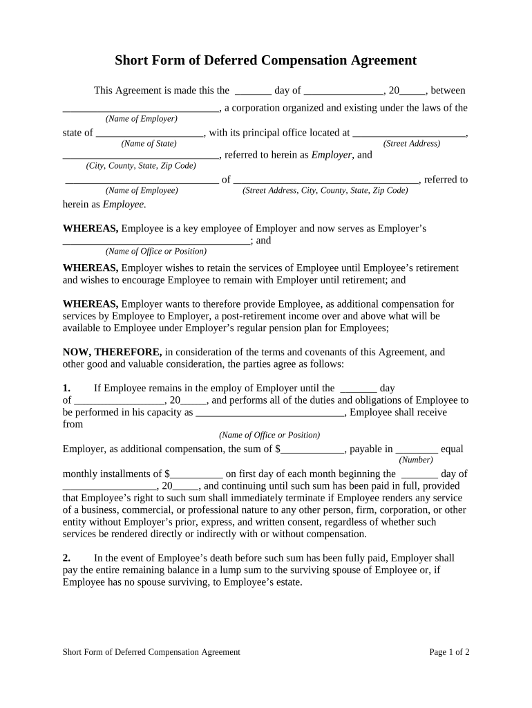 Deferred Compensation Agreement Template  Form