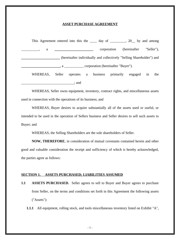 Asset Purchase Agreement Sample  Form