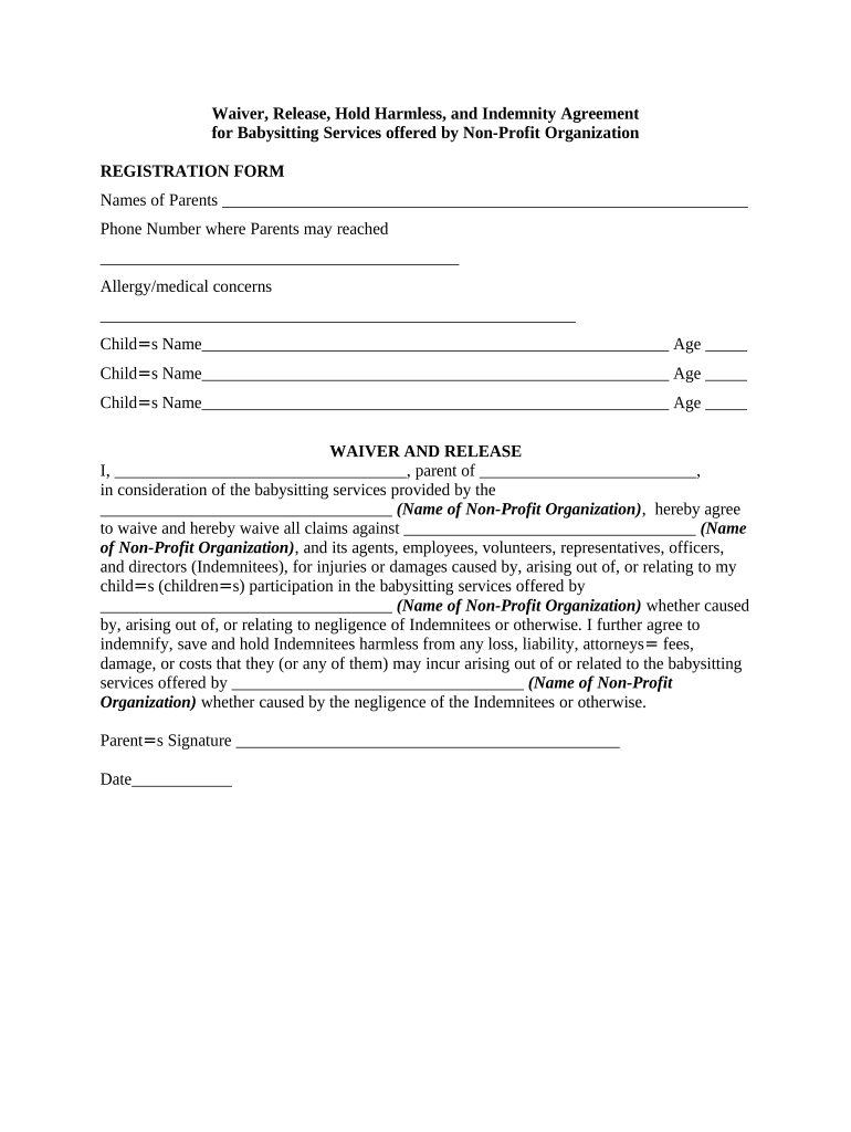 Personal Injury Waiver, Release, Hold Harmless, and Indemnity Agreement for Babysitting Services Offered by Nonprofit Organizati  Form