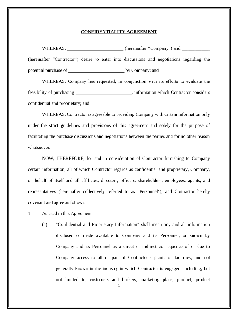 Nondisclosure and Confidentiality Agreement Potential Purchase  Form