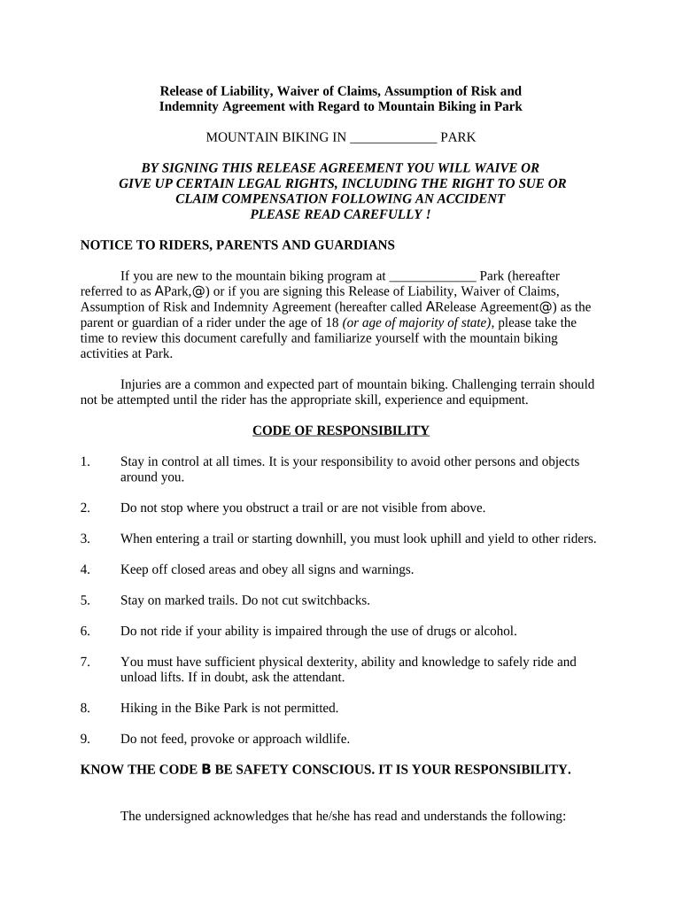 Release of Liability, Personal Injury Waiver of Claims, Assumption of Risk and Indemnity Agreement with Regard to Mountain Bikin  Form