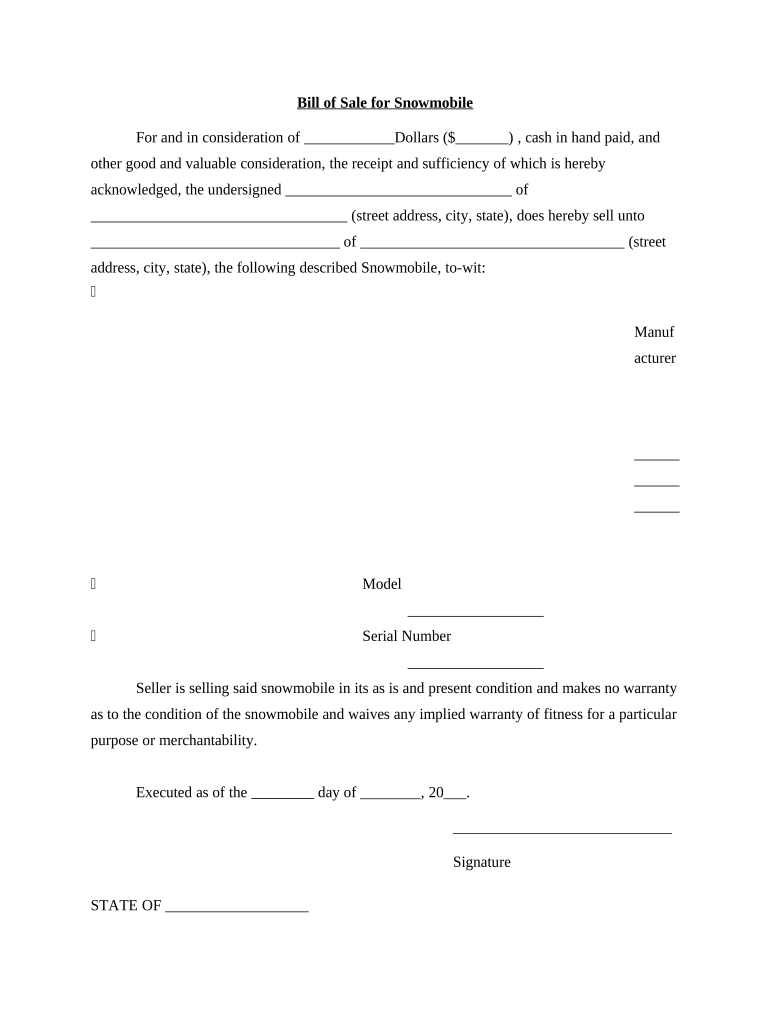 84 84 Transfer of Snowmobile Ownership Bill of Sale  Form