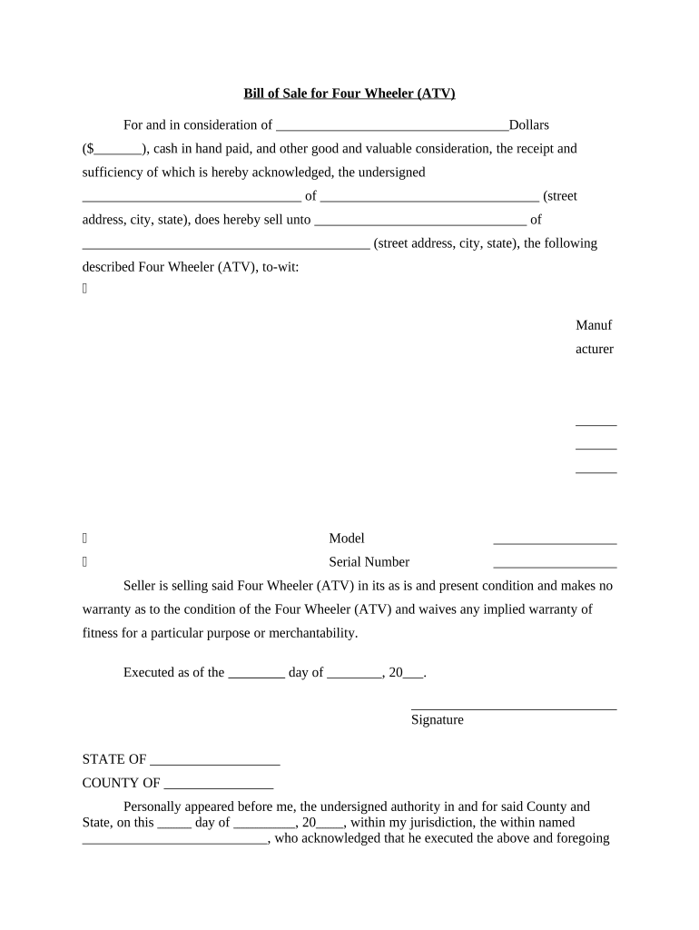 Bill of Sale for Motorcycle  Form