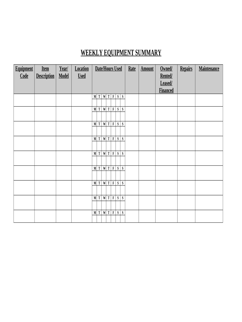 Contractor's Weekly Equipment Summary  Form