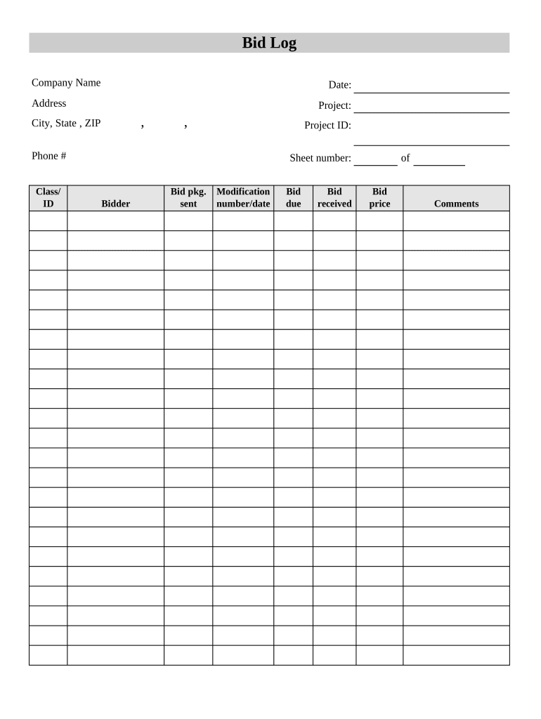 Contractor's Bid Log  Form